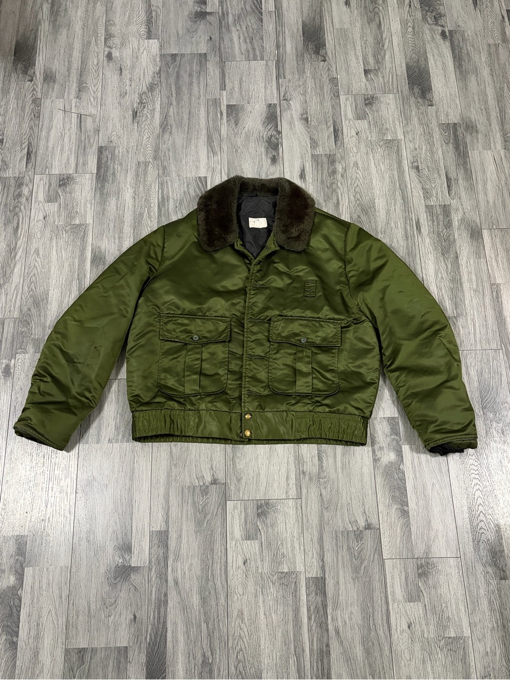 Vintage 70s Tuffy Sheriff Olive Green Military Field Jacket Faux Fur Collar